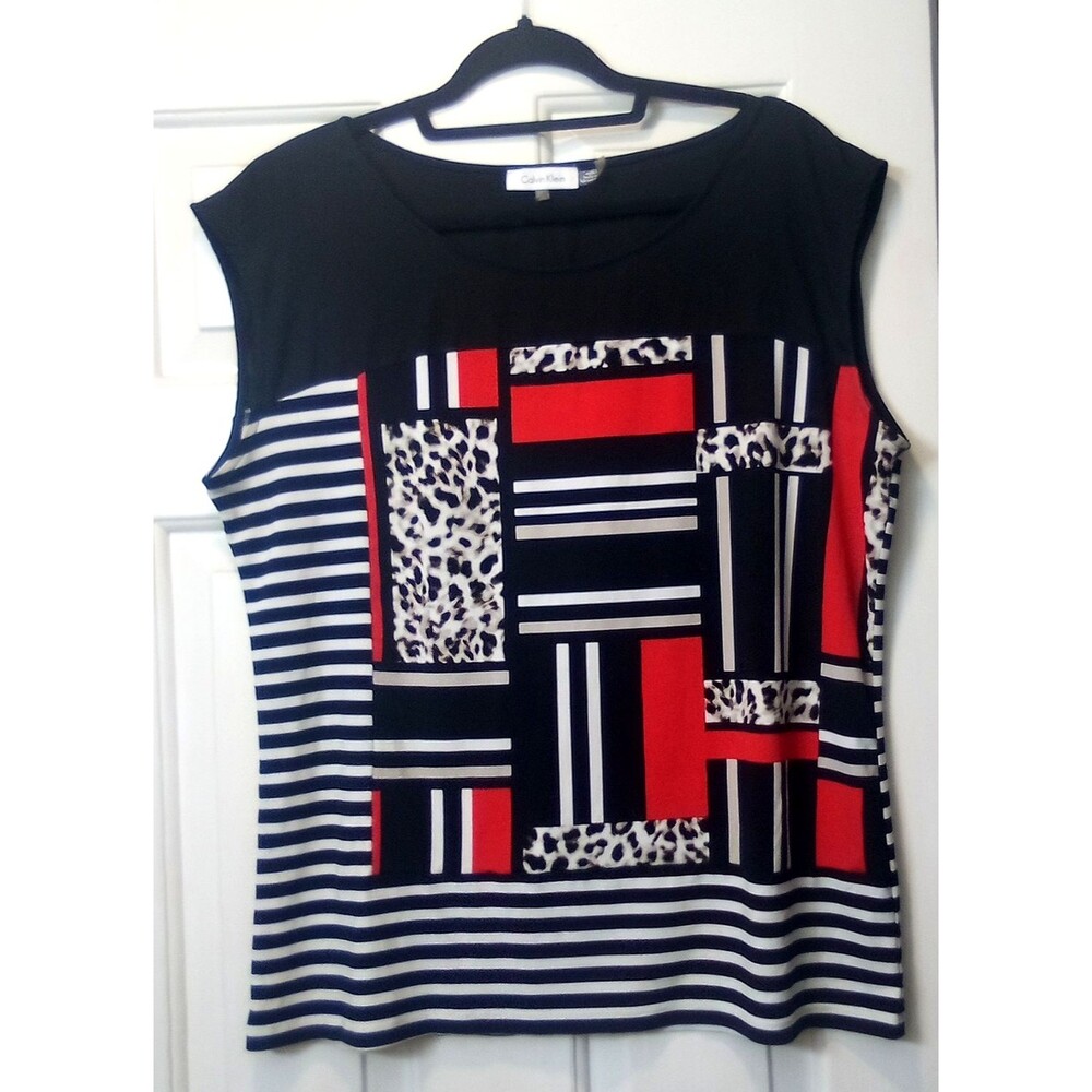 Calvin Klein Women’s L Striped Tunic Blouse Black White Red Round Neck Pullover
